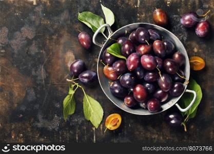 Plums in a bowl on a rural background. Fresh bio fruits