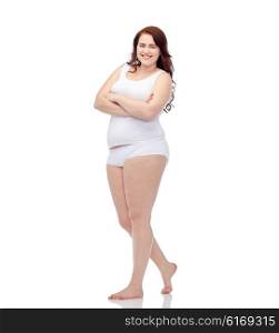 plus size and people concept - happy plus size woman in underwear. happy plus size woman in underwear