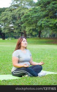 Plus size asian woman practicing yoga on green grass in the park