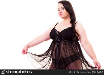 Plus size fat woman wearing black lace lingerie. Overweight chubby model in underwear set clothing on white. Woman plus size in lace lingerie set