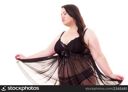Plus size fat woman wearing black lace lingerie. Overweight chubby model in underwear set clothing on white. Woman plus size in lace lingerie set