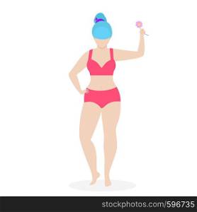 Plus Size Woman in Stylish Red Bikini. Curvy Girl with Hand Up Holding Flower Isolated on White Background. Happy Bodypositive. Plus Size Female Healthy Lifestyle. Cartoon Flat Illustration.. Plus Size Happy Woman in Red Bikini with Hand Up.