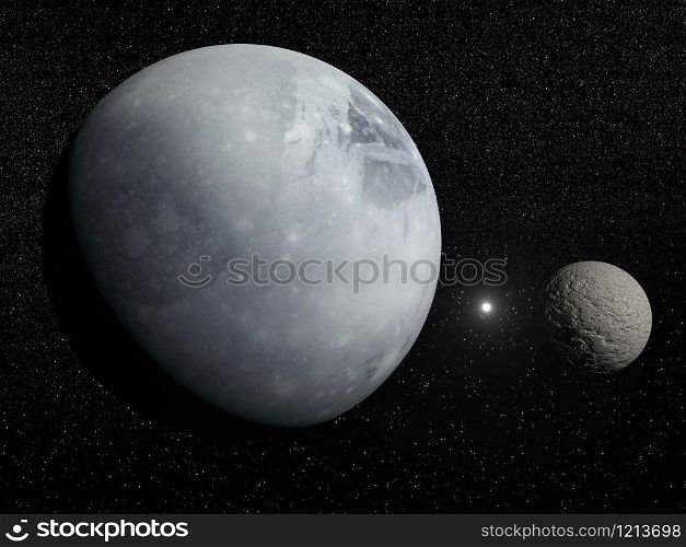 Pluton, its big moon Charon and Polaris star in dark starry background - Elements of this image furnished by NASA. Pluton, Charon and Polaris star - 3D render