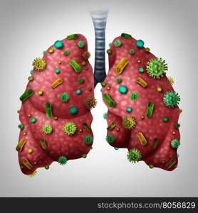 Pneumonia infection medical concept as human lungs infected by virus and bacteria as a lung disease diagnosis with 3D illustration elements.