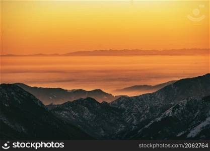 Po Valley and Apennine Mountains in Italy seen from the Lombardy Prealps