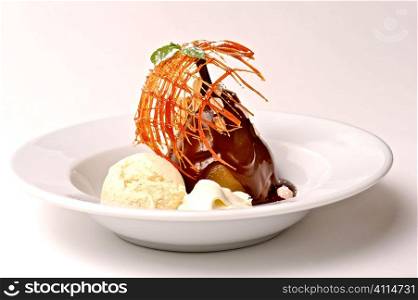 Poached Pear With Chocolate and Vanilla Ice Cream