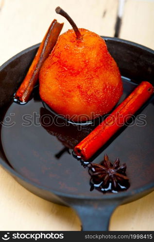 poached pears delicious home made recipe ove white rustic wood table