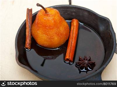 poached pears delicious home made recipe ove white rustic wood table