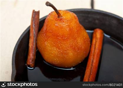 poached pears delicious home made recipe ove white rustic wood table