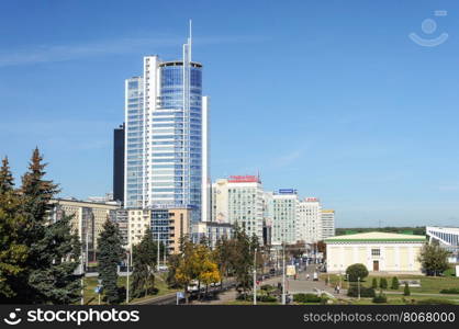 Pobediteley Avenue with skyscraper of Business Center Royal Plaza in district Nemiga, Minsk, Belarus