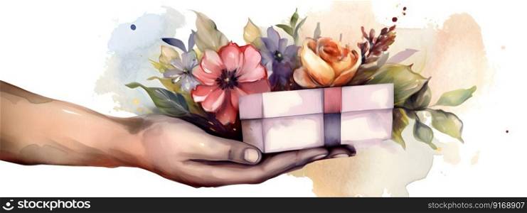 POC woman hands holding gift and flowers bouquet. Happy Mothers day, Women day, Valentines Day greeting card. Watercolor illustration. Romantic, relationship, love concept. AI Generated content