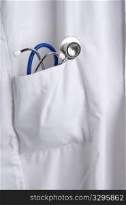 Pocket Of A White Doctors Coat With Blue Stethoscope