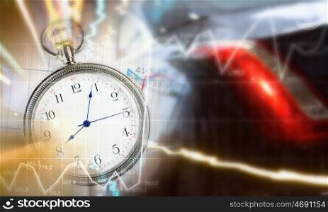 Pocket watch and business concepts on digital background. Business still life concept