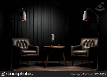 Podcast studio chairs. Music radio. Generate Ai. Podcast studio chairs. Generate Ai