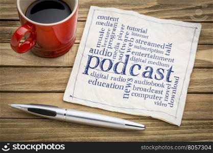 podcast word cloud on a napkin a cup of coffee - internet broadcasting concept
