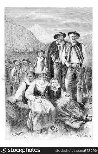 Podhales of the Tatra Mountains, Poland, drawing by G. Vuillier from a photograph, vintage engraved illustration. Le Tour du Monde, Travel Journal, 1881