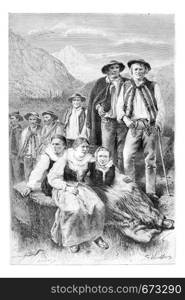 Podhales of the Tatra Mountains, Poland, drawing by G. Vuillier from a photograph, vintage engraved illustration. Le Tour du Monde, Travel Journal, 1881