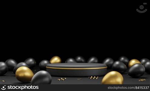 Podium and balloons on black background 3D render
