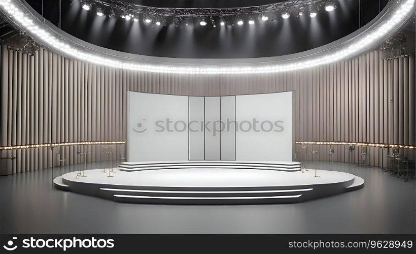 Podium and lighting in the exhibition hall. 3D rendering.