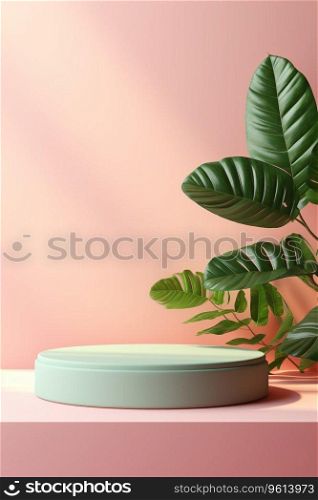 podium for display product pastel background and light shadow with green leaf. Generative ai.