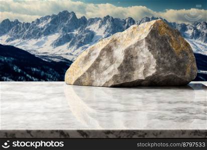 Podium for product advertisement or restaurant menus with beautiful mountain background 3d illustrated