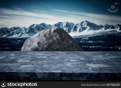 Podium for product advertisement or restaurant menus with beautiful mountain background 3d illustrated