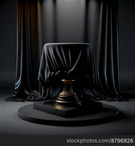 Podium for product advertisement or restaurant menus with black background and curtains 3d illustrated