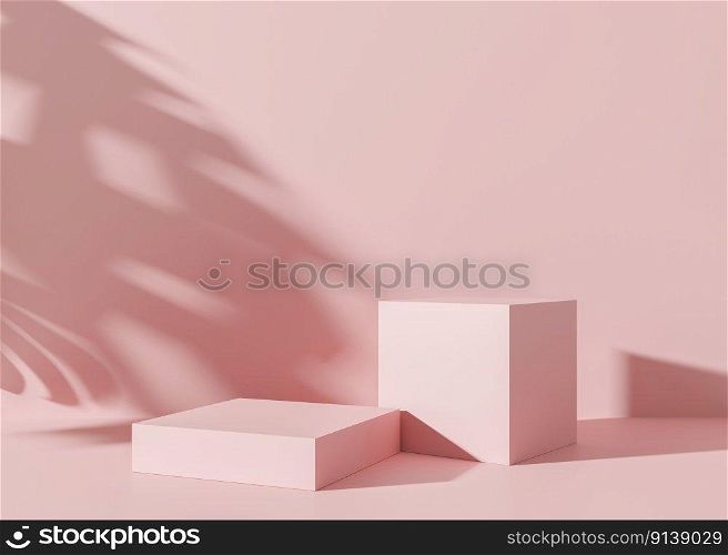 Podium on pink background, with tropical leaves shadows. Podium for product, cosmetic presentation. Mock up. Pedestal or platform for beauty products. Empty scene. 3D rendering. Podium on pink background, with tropical leaves shadows. Podium for product, cosmetic presentation. Mock up. Pedestal or platform for beauty products. Empty scene. 3D rendering.