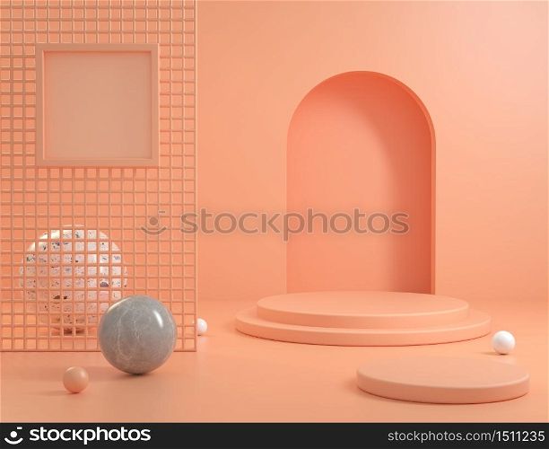 Podium Orange Pastel Scene Background With Frame Blank Space And Marble Ball 3d Render