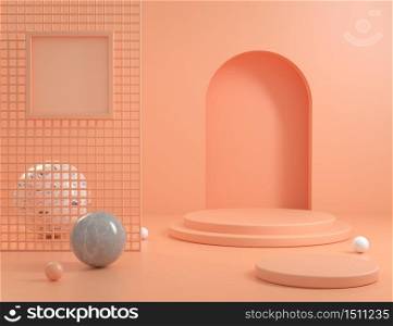 Podium Orange Pastel Scene Background With Frame Blank Space And Marble Ball 3d Render