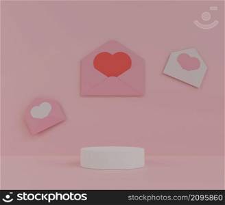 Podium product display with envelope and heart shape paper love letter or festive holiday invitation card for wedding day 3D rendering illustration