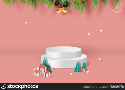 Podium product stand for Christmas for celebrate next year paper art. Mockup Christmas and New Year stage podium scene with blank space background. Xmas banner studio room. paper cut and craft style