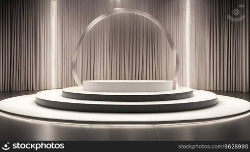 Podium round stage illuminated by spotlight. Award ceremony concept. 3D rendering