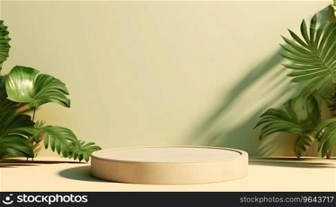podium showcase on light pastel and plants background. Generative AI