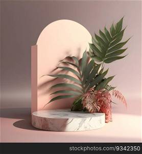 Podium Stand with Pink Pastel. Product Display with Nature Rock Palm Scene Background.