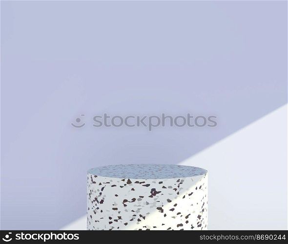 Podium, stand with terrazzo and stone, on pastel wall background with shadow. Showcase for cosmetic products and goods, shoes, bags, watches - simple illustration - 3D, render.. Podium, stand with terrazzo and stone, on pastel wall background with shadow of tropical palm leaves. Showcase for cosmetic products and goods, shoes, bags, watches - simple illustration - 3D, render.