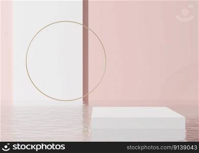 Podium standing in water on the pink and white background. Beautiful mock up for product, cosmetic presentation. Pedestal or platform for beauty products. Empty scene, stage. 3D rendering. Podium standing in water on the pink and white background. Beautiful mock up for product, cosmetic presentation. Pedestal or platform for beauty products. Empty scene, stage. 3D rendering.