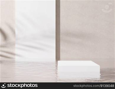 Podium standing in water, with palm shadow, on the cream background. Beautiful mock up for product, cosmetic presentation. Pedestal or platform for beauty products. Empty scene, stage. 3D rendering. Podium standing in water, with palm shadow, on the cream background. Beautiful mock up for product, cosmetic presentation. Pedestal or platform for beauty products. Empty scene, stage. 3D rendering.