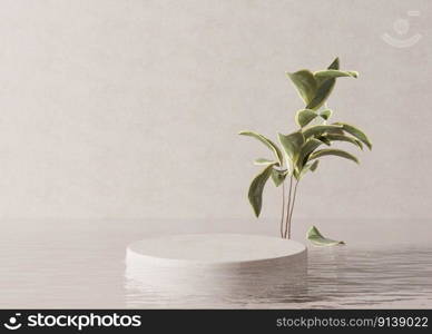 Podium standing in water, with plant, on the cream background. Beautiful mock up for product, cosmetic presentation. Pedestal or platform for beauty products. Empty scene, stage. 3D rendering. Podium standing in water, with plant, on the cream background. Beautiful mock up for product, cosmetic presentation. Pedestal or platform for beauty products. Empty scene, stage. 3D rendering.