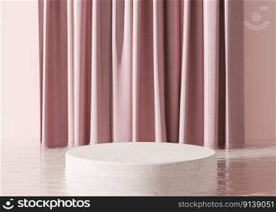 Podium standing in water, with textile. Beautiful mock up for product, cosmetic presentation. Pedestal or platform for beauty products. Empty scene, stage. 3D rendering. Podium standing in water, with textile. Beautiful mock up for product, cosmetic presentation. Pedestal or platform for beauty products. Empty scene, stage. 3D rendering.