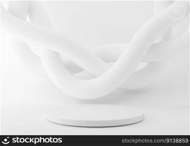 Podium with abstract splines on white background. Elegant podium for product, cosmetic presentation. Mock up. Pedestal or platform for beauty products. Empty scene. 3D rendering. Podium with abstract splines on white background. Elegant podium for product, cosmetic presentation. Mock up. Pedestal or platform for beauty products. Empty scene. 3D rendering.