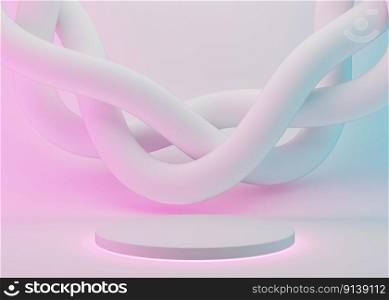Podium with abstract splines on white background with neon lights. Modern podium for product, cosmetic presentation. Mock up. Pedestal or platform for beauty products. Empty scene. 3D rendering. Podium with abstract splines on white background with neon lights. Modern podium for product, cosmetic presentation. Mock up. Pedestal or platform for beauty products. Empty scene. 3D rendering.