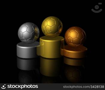 podium with bronze, silver and gold soccer balls - three dimensional illustration isolated on black. 3D soccer winners podium