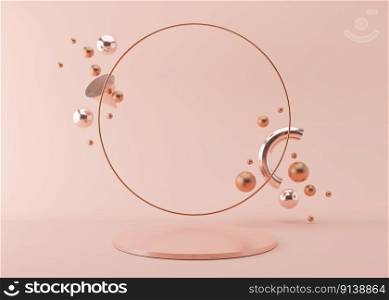 Podium with copper ring and flying, glossy metallic 3D forms on pink background. Elegant podium for product, cosmetic presentation. Mock up. Pedestal or platform for beauty products. 3D rendering. Podium with copper ring and flying, glossy metallic 3D forms on pink background. Elegant podium for product, cosmetic presentation. Mock up. Pedestal or platform for beauty products. 3D rendering.