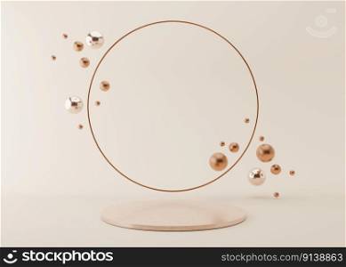 Podium with copper ring and flying, glossy metallic spheres on cream background. Elegant podium for product, cosmetic presentation. Mock up. Pedestal or platform for beauty products. 3D rendering. Podium with copper ring and flying, glossy metallic spheres on cream background. Elegant podium for product, cosmetic presentation. Mock up. Pedestal or platform for beauty products. 3D rendering.