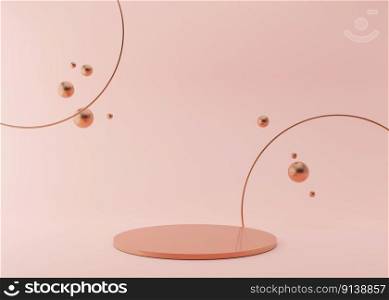 Podium with copper rings and flying, glossy metallic 3D spheres on pink background. Elegant podium for product, cosmetic presentation. Mock up. Pedestal or platform for beauty products. 3D rendering. Podium with copper rings and flying, glossy metallic 3D spheres on pink background. Elegant podium for product, cosmetic presentation. Mock up. Pedestal or platform for beauty products. 3D rendering.