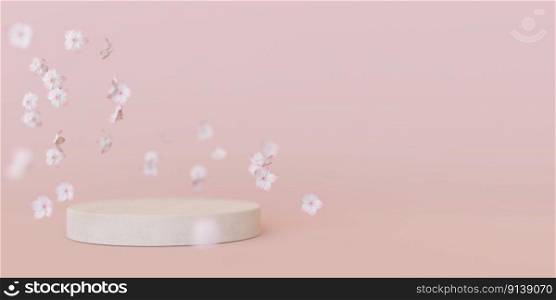 Podium with flying flowers on the pink background. Elegant podium for product, cosmetic presentation. Mock up. Summer or spring mood, blossom. Pedestal, platform for beauty products. 3D rendering. Podium with flying flowers on the pink background. Elegant podium for product, cosmetic presentation. Mock up. Summer or spring mood, blossom. Pedestal, platform for beauty products. 3D rendering.