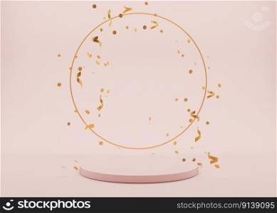 Podium with golden ring and falling confetti on pink background. Elegant podium for product, cosmetic presentation. Luxury mockup. Pedestal or platform for beauty products. Empty scene. 3D rendering. Podium with golden ring and falling confetti on pink background. Elegant podium for product, cosmetic presentation. Luxury mockup. Pedestal or platform for beauty products. Empty scene. 3D rendering.