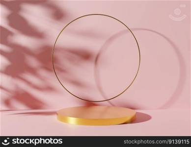 Podium with golden ring and leaves shadows on the pink background. 3D rendering. Elegant podium for product, cosmetic presentation. Mock up. Pedestal or platform for beauty products. Podium with golden ring and leaves shadows on the pink background. 3D rendering. Elegant podium for product, cosmetic presentation. Mock up. Pedestal or platform for beauty products.