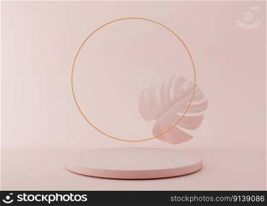 Podium with golden ring and monstera leaf on pink background. Elegant podium for product, cosmetic presentation. Luxury mockup. Pedestal or platform for beauty products. Empty scene. 3D rendering. Podium with golden ring and monstera leaf on pink background. Elegant podium for product, cosmetic presentation. Luxury mockup. Pedestal or platform for beauty products. Empty scene. 3D rendering.
